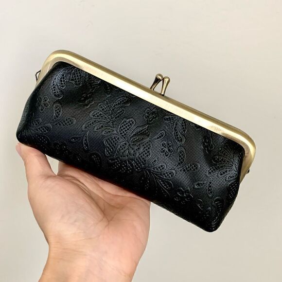 Genuine Leather Embossed Floral Lace, Real Bamboo Handle Bag & Small Clutch Set - Picture 11 of 16